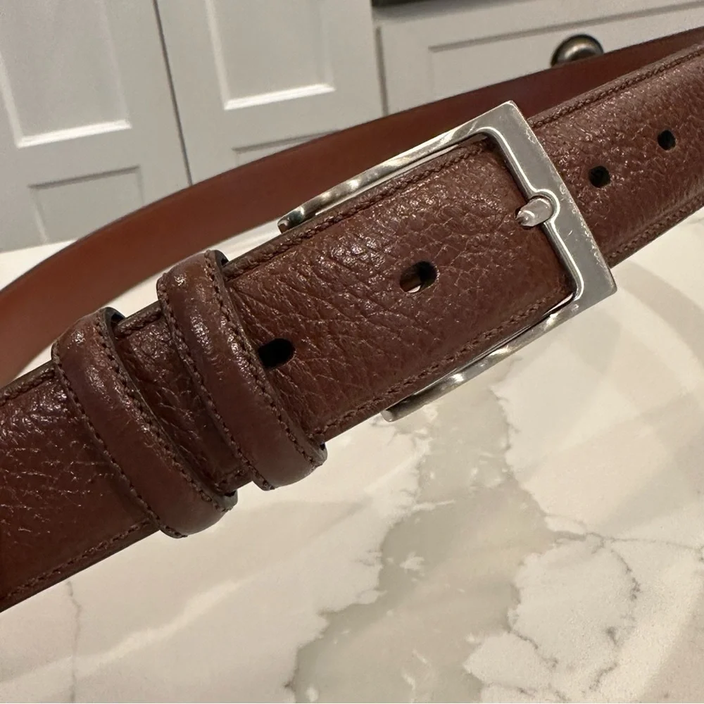Perry Ellis Portfolio Mens Brown Leather Belt Silver Buckle Sz 36 Career Casual